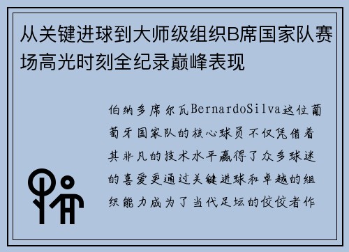 从关键进球到大师级组织B席国家队赛场高光时刻全纪录巅峰表现