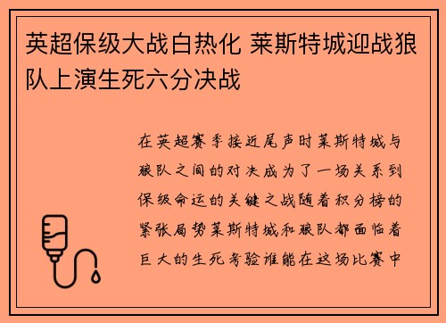 英超保级大战白热化 莱斯特城迎战狼队上演生死六分决战